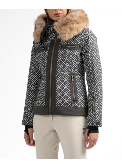 Veste de ski imprimée à col châle fourrure femme