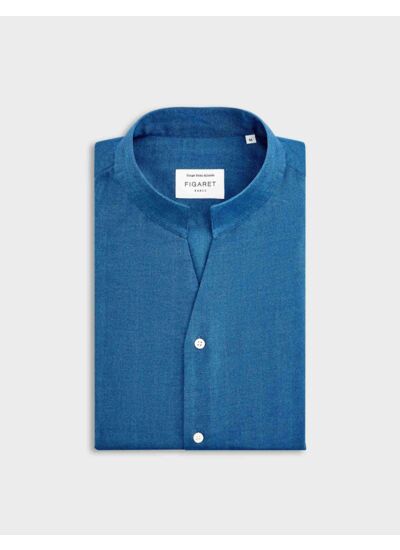 Chemise carl col droit ouvert en flanelle de coton et lyocell chevron bleu