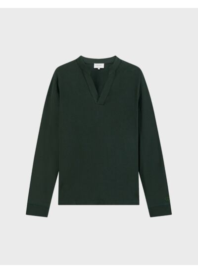 Tshirt charles manches longues avec col droit ouvert en coton épais uni vert fonce