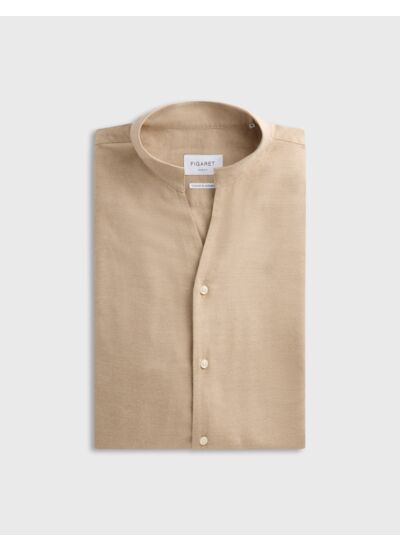 Chemise carl col droit ouvert en flanelle de coton et cachemire unie beige