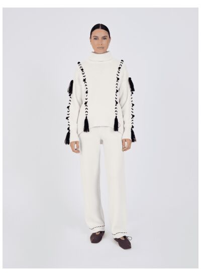 Pull col roulé pompons laine Klara ECRU / NOIR