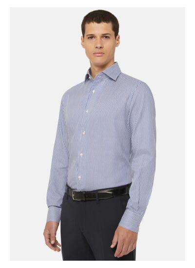 Chemise En Coton Dobby À Rayures Bleues Regular Fit