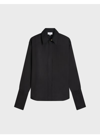 Chemise irisa avec gorge cachée et poignets mousquetaires en twill de soie unie noir