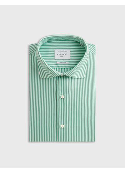 Chemise col italien en popeline rayée vert