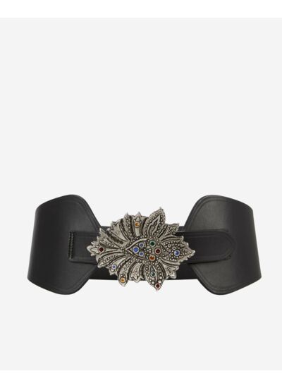 Ceinture Large En Cuir Noir Avec Boucle Fleur