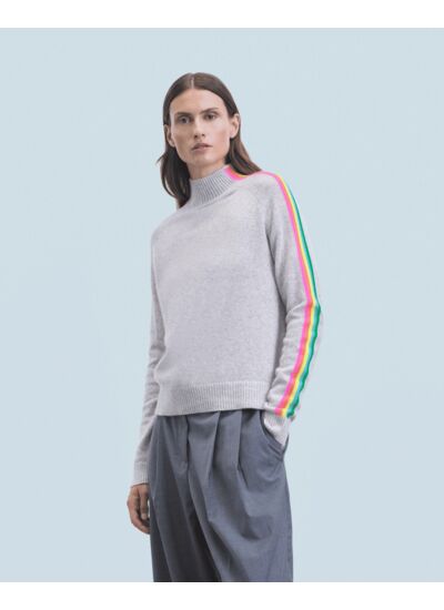 Pull Col Montant Bandes Manches Multicolores Léger