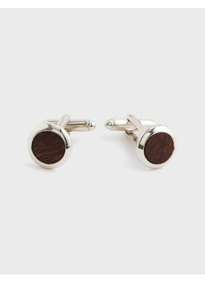 Boutons de manchette en métal argenté avec insert en bois marron