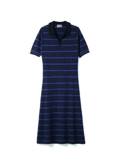Robe col polo à rayures texturées - Femme - MARINE/NOIR/KHOL
