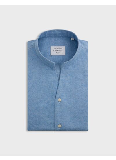 Chemise carl col droit ouvert en flanelle de coton unie bleu
