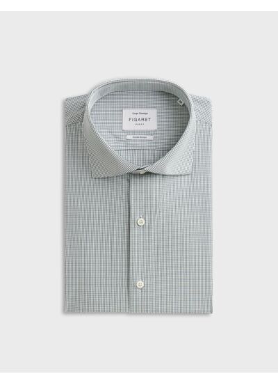 Chemise col italien en popeline à carreaux vert