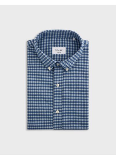 Chemise gaspard col américain en flanelle de coton à carreaux bleu