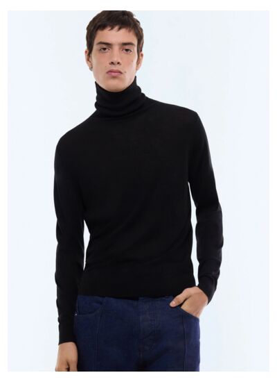Pull col roulé noir en laine mérinos