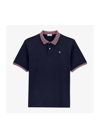 Polo piqué manches courtes en coton bleu navy col pourpre