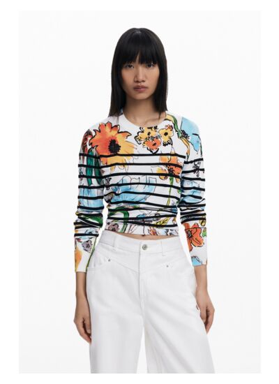 Pull à rayures et fleurs