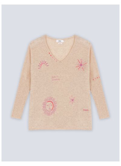 Pull poncho cachemire col V artwork Desert BEIGE_CHINE_ROSEBLOOM