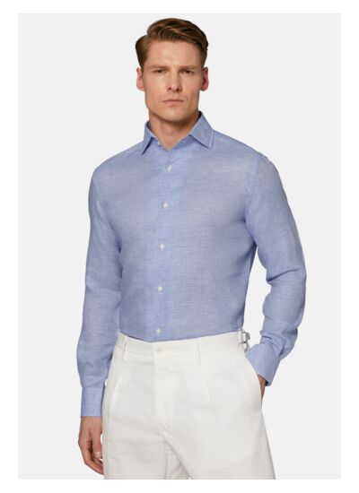 Chemise Bleu Clair Pied-De-Poule En Coton Coupe Droite