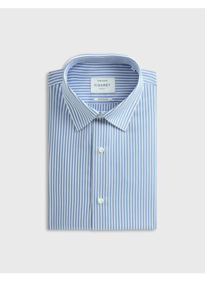 Chemise col figaret avec poignets mousquetaires en popeline rayée bleu