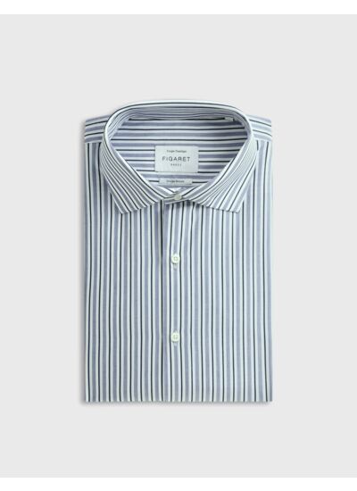 Chemise col italien en popeline rayée marine