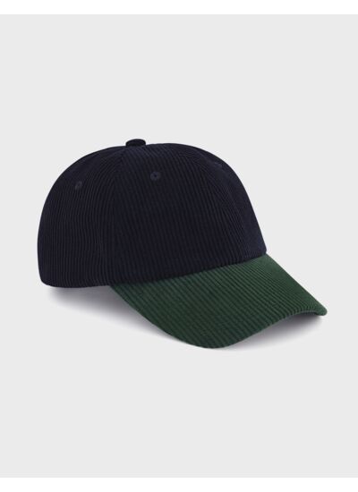 Casquette en velours côtelé uni marine et visière verte avec broderie figaret vert
