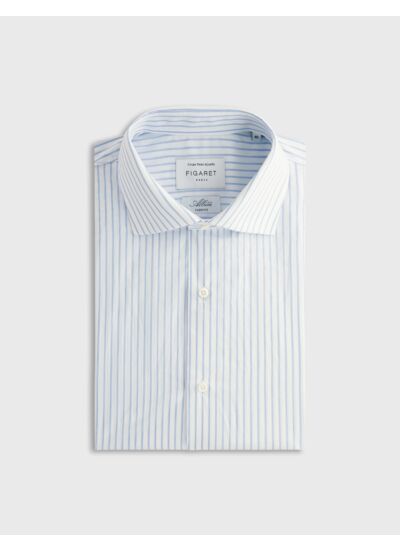 Chemise col italien en popeline rayée bleu