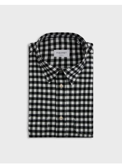 Chemise florian col français avec deux poches en flanelle de coton à carreaux noir