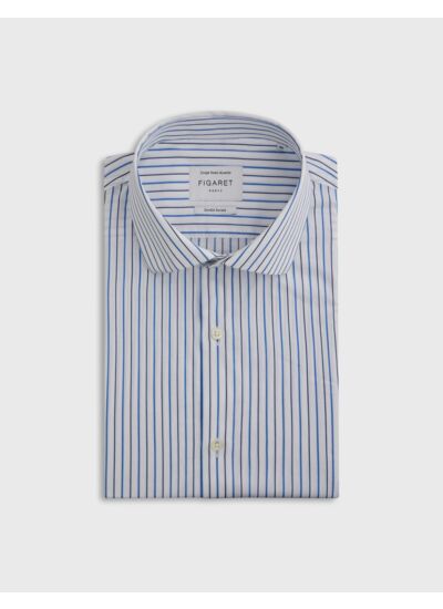 Chemise col italien en popeline rayée bleu