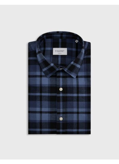 Chemise auguste col français en flanelle de coton à carreaux marine