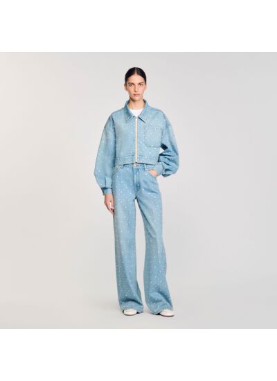 Blouson en jean strassé et perlé