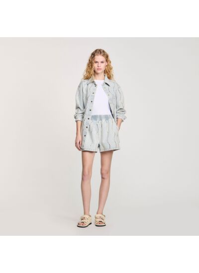 Short en jean strassé et perlé