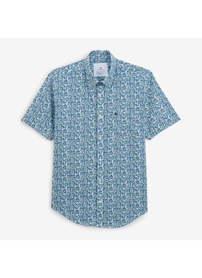Chemise manches courtes regular bleu azur imprimé fleurs