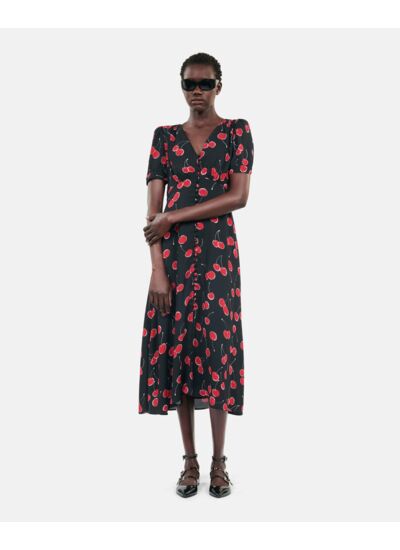 Robe Longue Imprimé Cerise Avec Boutonnage Femme