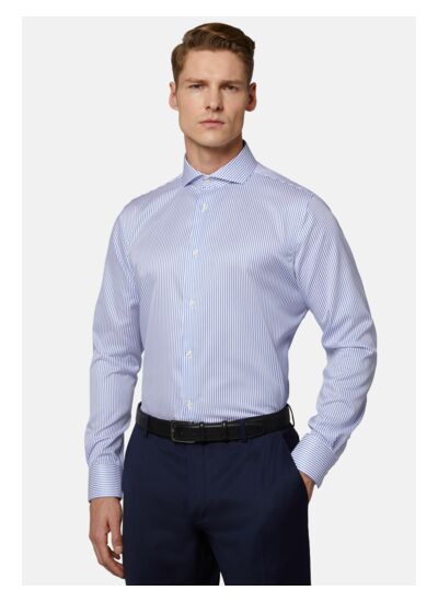 Chemise Bleu Roi À Rayures En Sergé De Coton Coupe Droite