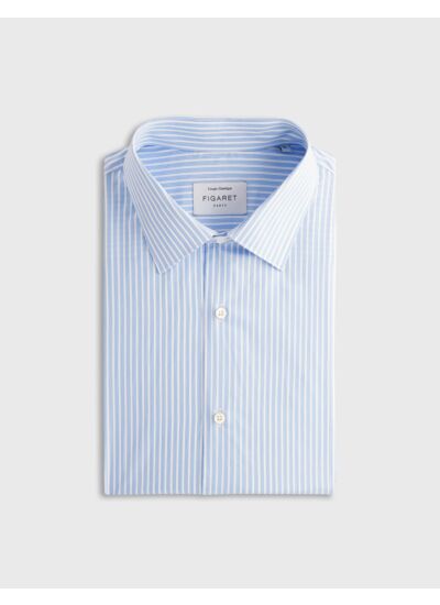 Chemise col figaret avec poignets mousquetaires en twill de coton rayé bleu