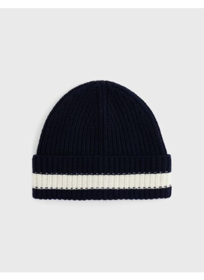 Bonnet en maille côtes anglaises uni avec bande écrue marine