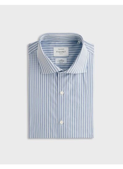 Chemise col italien en popeline rayée marine