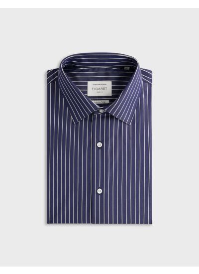Chemise voyage col figaret en popeline rayée marine