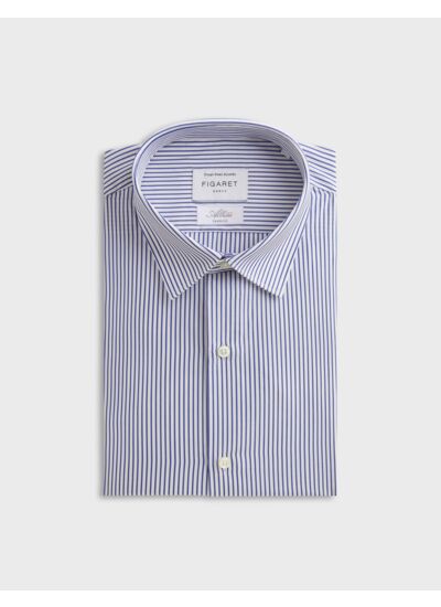 Chemise col figaret avec poignets mousquetaires en popeline rayée marine
