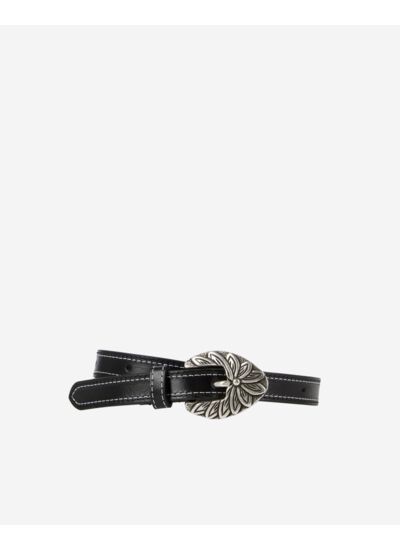 Ceinture Fine En Cuir Noir Avec Boucle Gravure Fleur