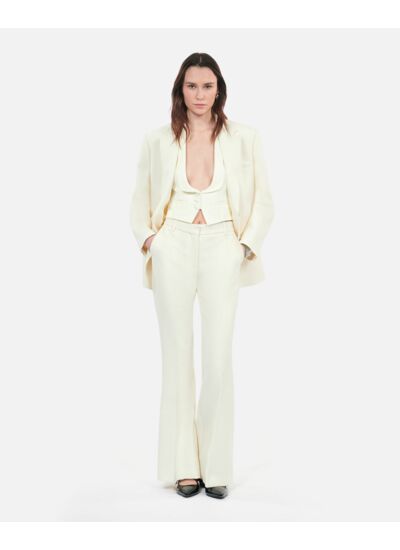 Pantalon Tailleur Écru Flare En Laine Et Coton Femme