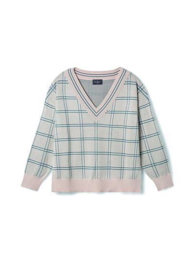 Pull V oversize à carreaux - Femme - PLATRE/BLEU GLAZ