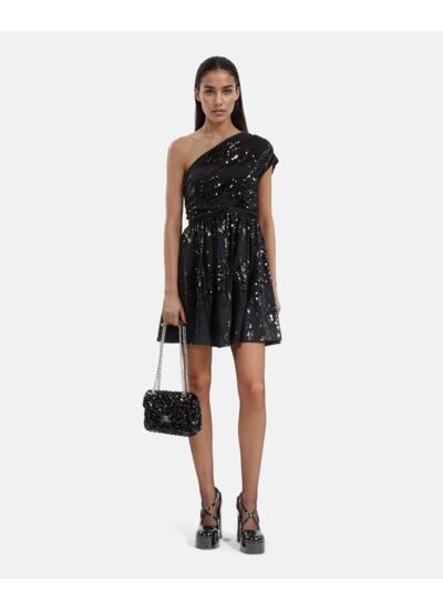 Robe Courte À Sequins Effet Drapé Noire Femme