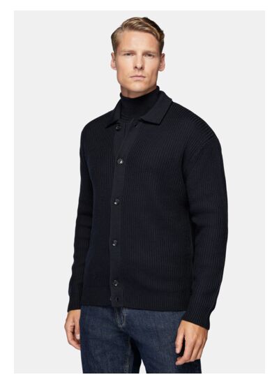 Cardigan Bleu Marine À Col Chemise En Laine Mérinos