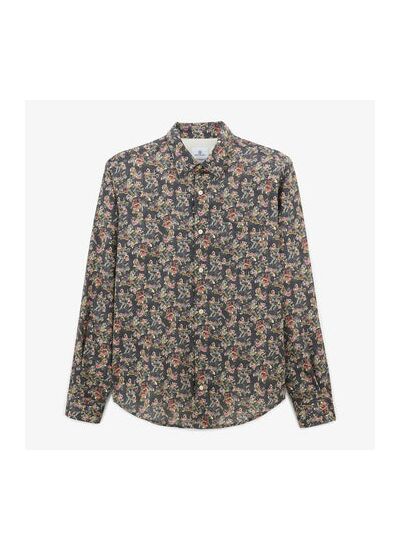 Chemise vert olive à manches longues en tissu fleuri
