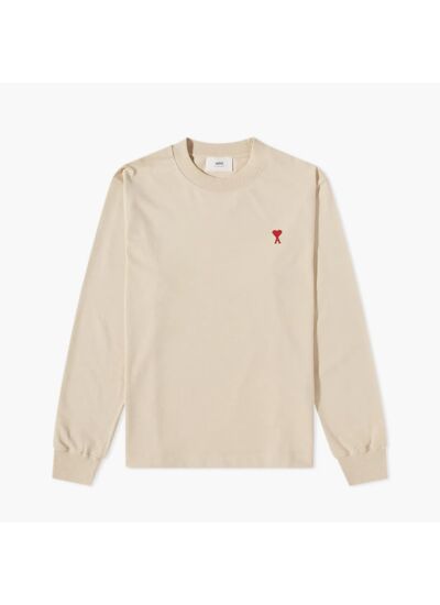 Ami Paris T-Shirt Manches Longues Coeur Rouge Beige