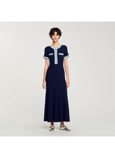 Robe longue en maille à détails denim