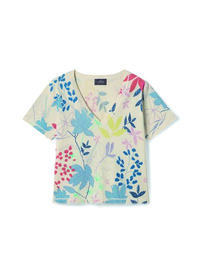 T-shirt col V imprimé floral - Femme - NATUREL