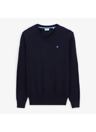 Pull en coton et cachemire col V bleu foncé