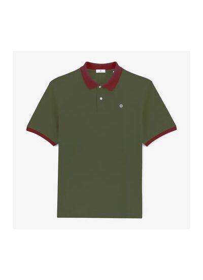 Polo piqué manches courtes en coton vert army col merlot