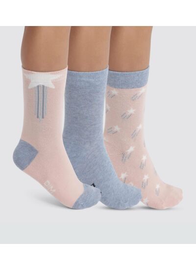 Lot de 3 paires de chaussettes enfant à étoiles Denim Rose Coton Style