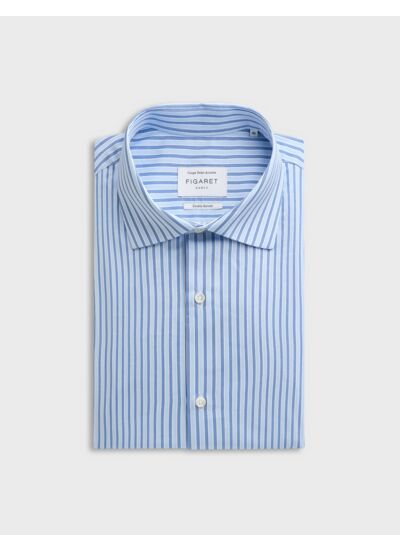 Chemise col italien en popeline rayée bleu